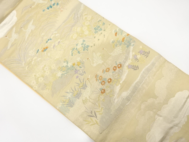 JAPANESE KIMONO / ANTIQUE FUKURO OBI / SILK / WOVEN CRANE & FLOWER